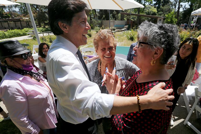 LOS ANGELES, CALIF. - APR. 13, 2022. Los Angeles City Councilman Kevin de Leon meets with his supporters at the Highland Park Senior Citizens Center on Wednesday, April 13, 2022. De Leon is making a run to be the city's mayor. (Luis Sinco / Los Angeles Times)