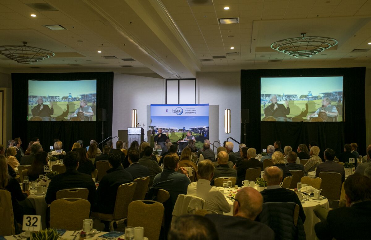A packed room listens to Fred Couples and moderator Alan Beyer during the Hoag Classic Hall of Fame Community Breakfast.