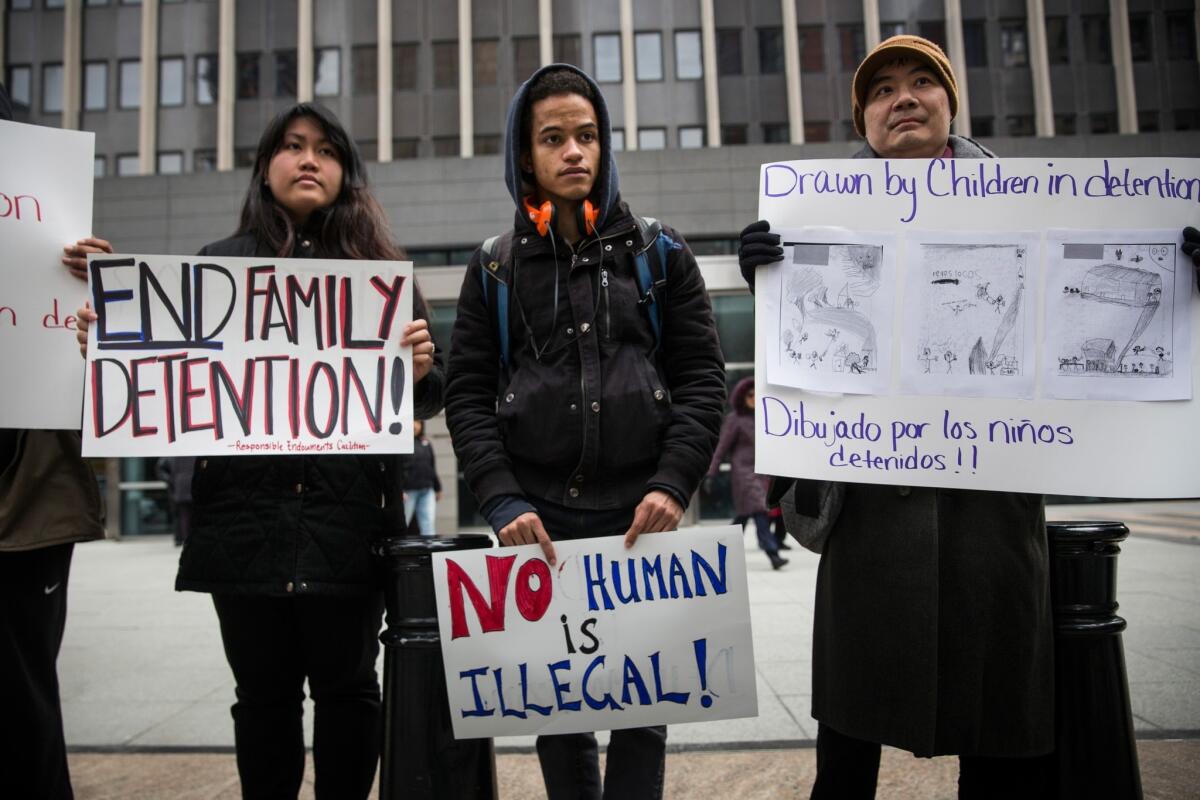 Activists protest outside the Jacob K. Javits Federal Building in New York in March to demand the release of families held in detention centers in Texas.
