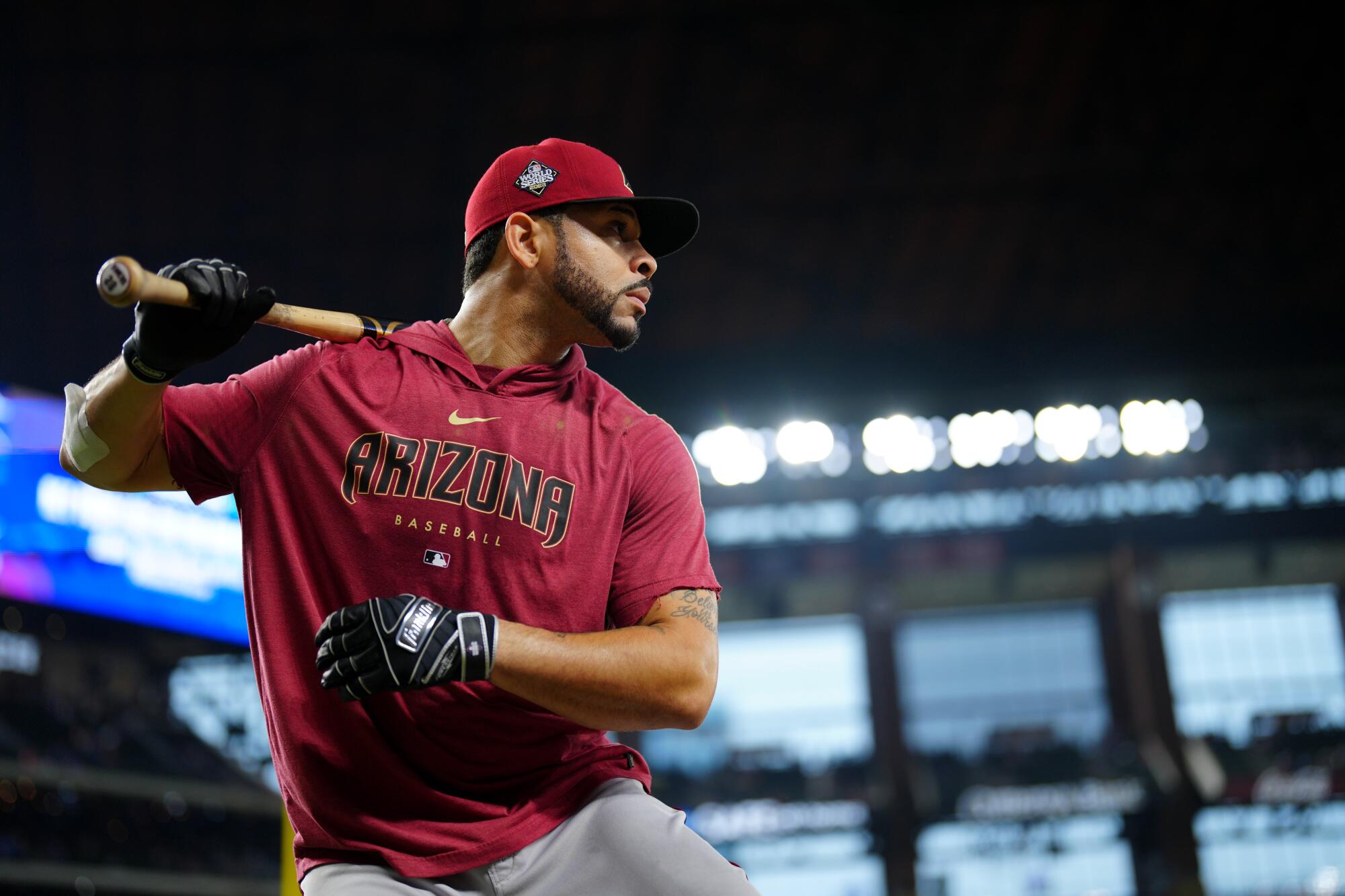 Arizona Diamondbacks outfielder Tommy Pham warms up during batting practice before Game 2 of the World Series.