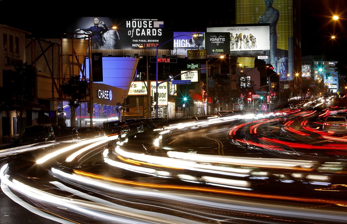 Cars stream along the Sunset Strip in West Hollywood in a 2018 time exposure.