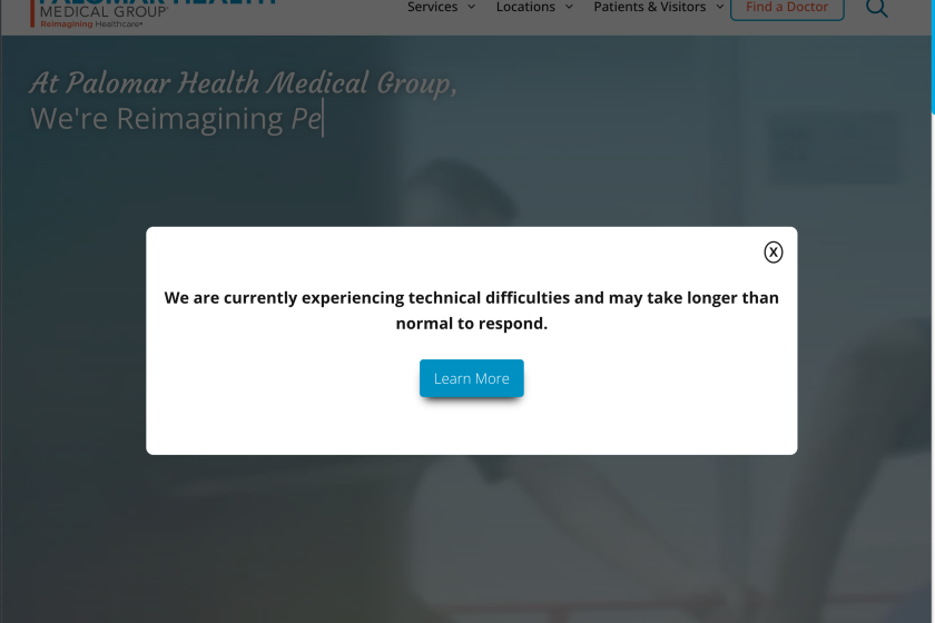This screenshot shows the current state of the Palomar Health Medical Group website.