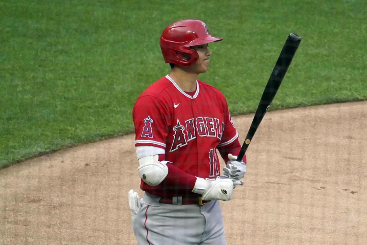 The Angels' Shohei Ohtani heads to bat in the first inning against the Minnesota Twins on July 22, 2021.