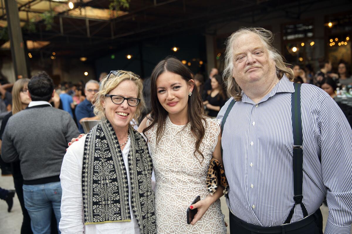 Amy Scattergood, Jenn Harris and Jonathan Gold during the L.A. Times Food Bowl launch party at Hauser & Wirth on Thursday, April 27, 2017