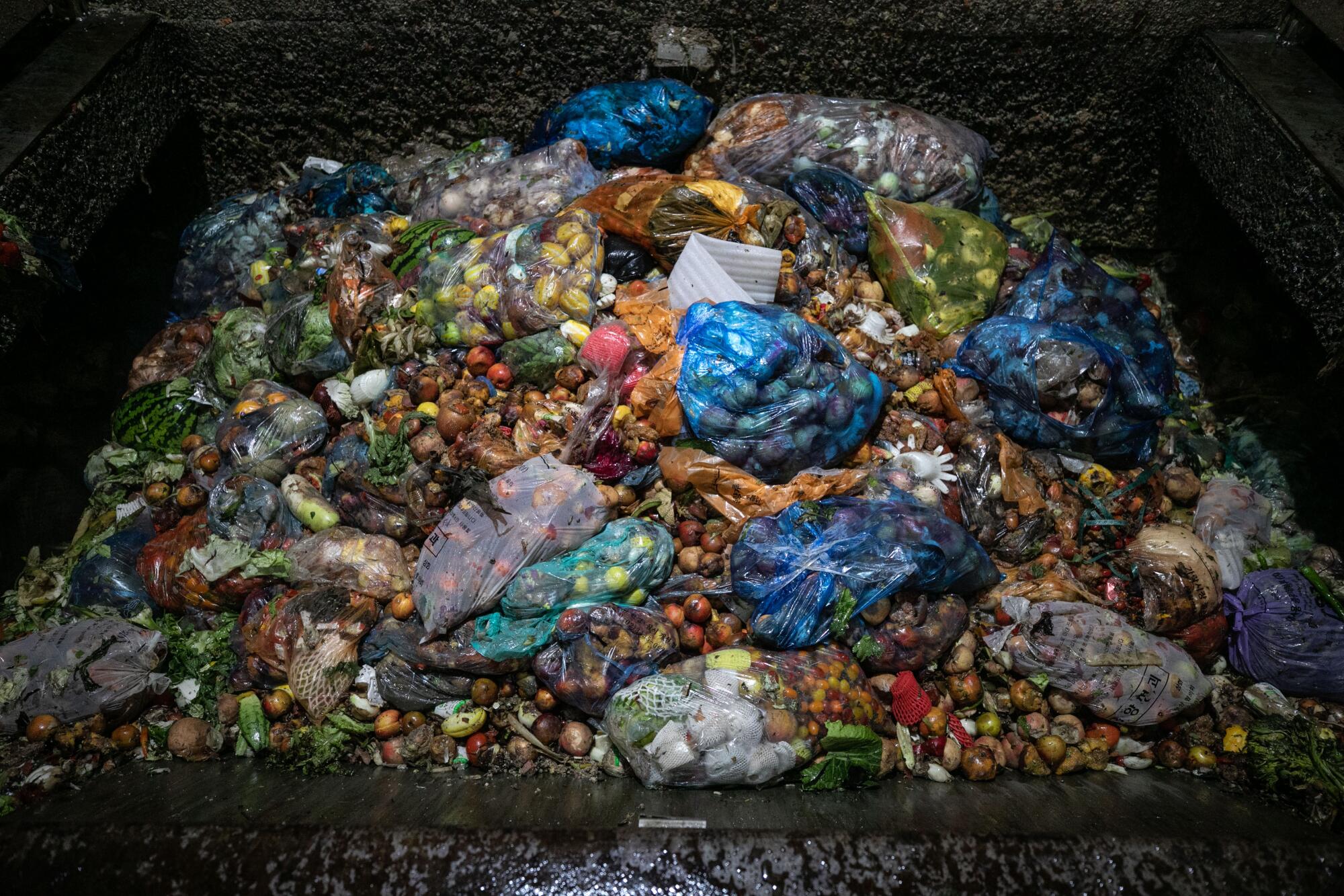 A large pile of bags of food waste seen inside a large dark hopper