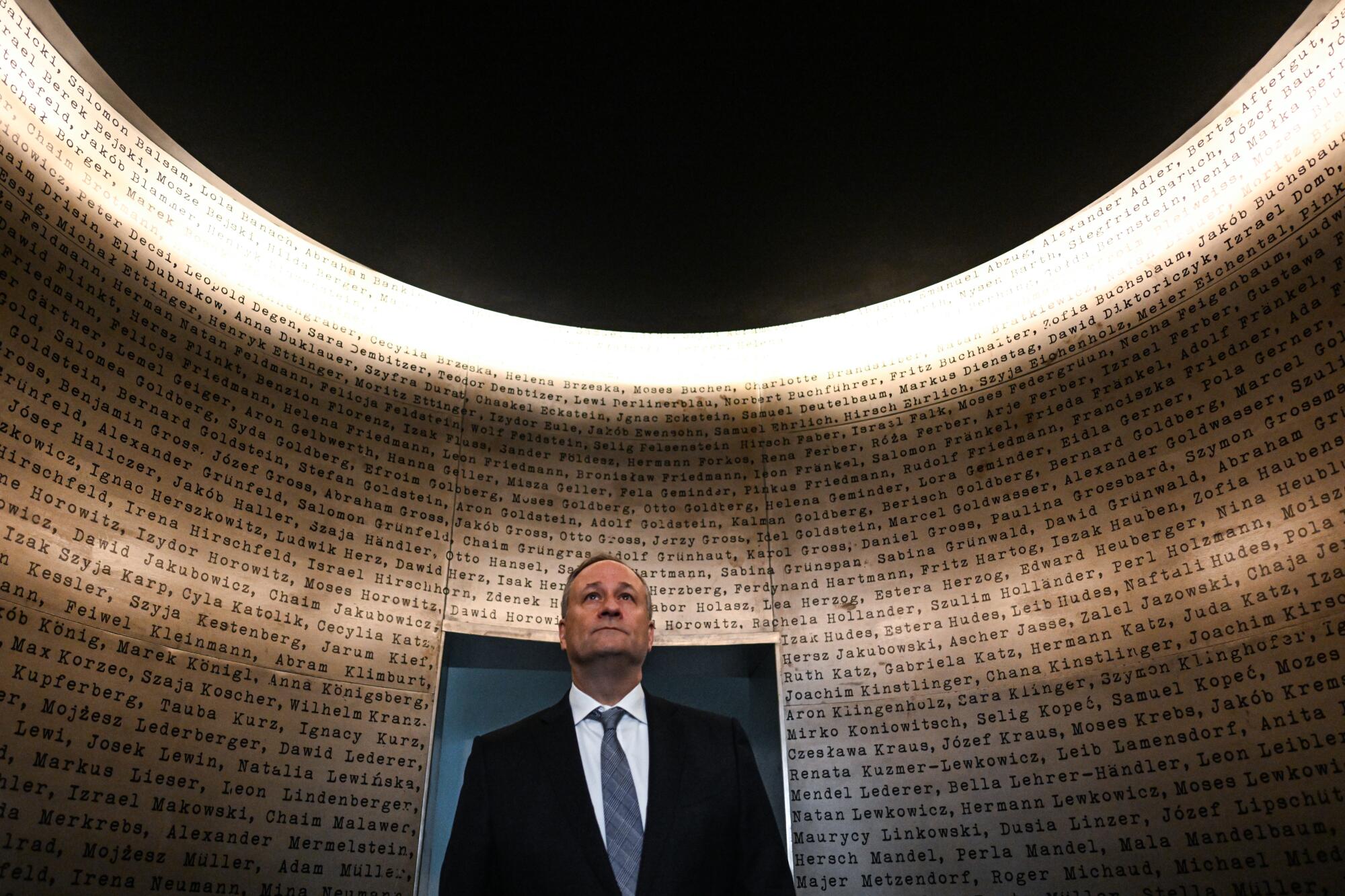 U.S. Second Gentleman Douglas Emhoff visits an installation inside the Schindler factory museum in Poland.