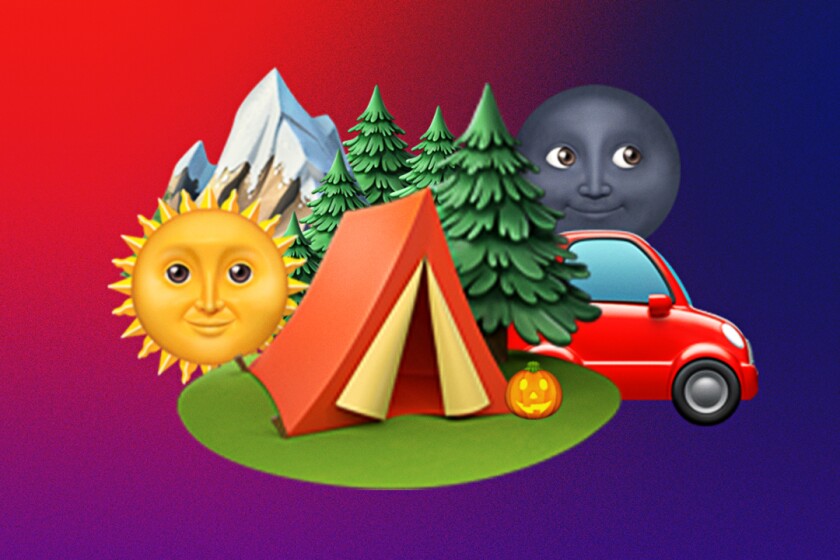 An illustration of a tent, the sun and moon, a car and a mountain.