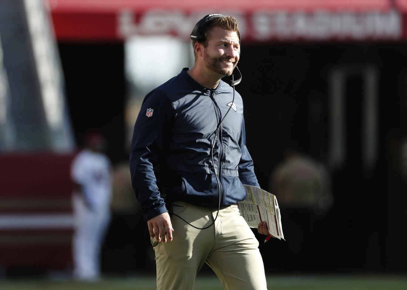 Rams head coach Sean McVay has a lot to smile about as the Rams beat the 49ers 39-10 at Levi's Stadium on Sunday in Santa Clara.