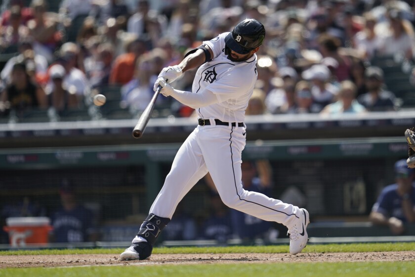 Detroit Tigers' Riley Greene hits a triple against Kansas City Royals pitcher Kris Bubic in the first inning of a baseball game in Detroit, Saturday, July 2, 2022. (AP Photo/Paul Sancya)