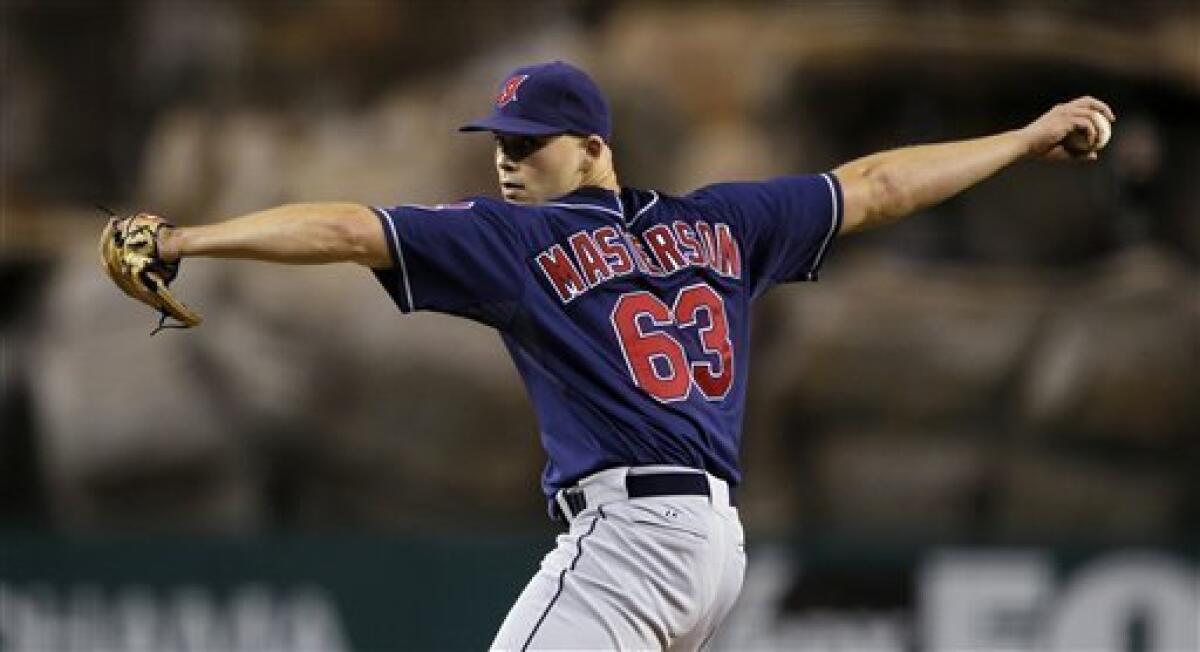 Cleveland Indians starter Justin Masterson pitches against the Los Angeles Angels in the first inning of a baseball game Tuesday, Sept. 7, 2010, in Anaheim, Calif. (AP Photo/Alex Gallardo)