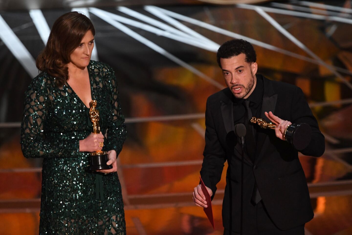 Producer Caroline Waterlow and director Ezra Edelman, winners for best documentary feature.