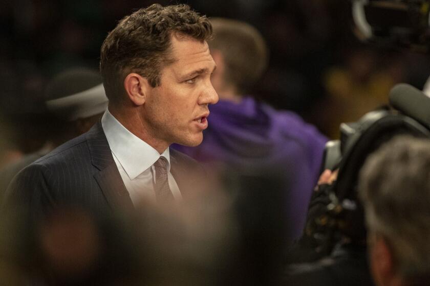 LOS ANGELES, CALIF. -- SATURDAY, MARCH 9, 2019: Lakers head coach Luke Walton during loss to the Celtics at Staples Center in Los Angeles, Calif., on March 9, 2019. (Brian van der Brug / Los Angeles Times)