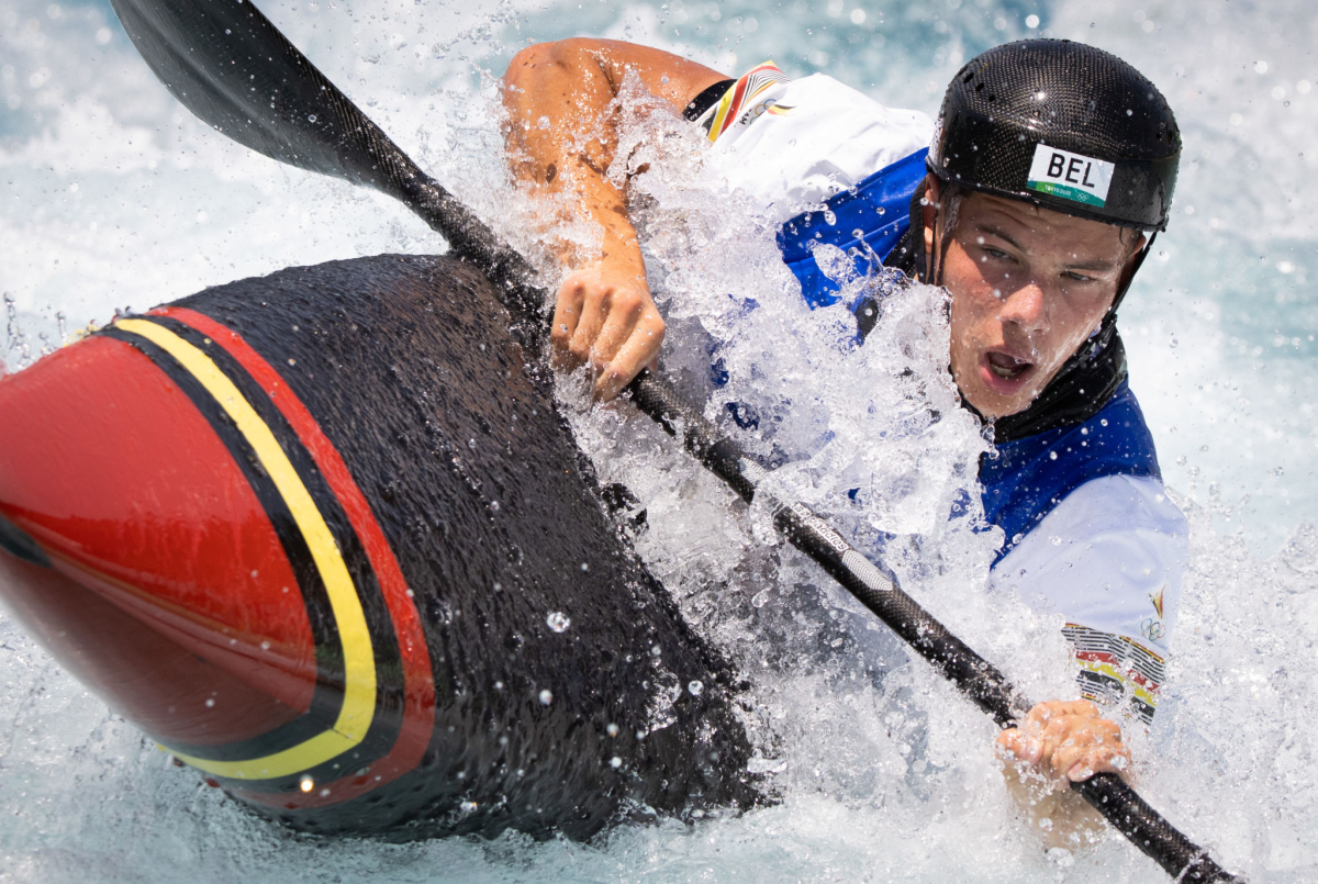 Gabriel De Coster takes part in a canoe slalom training run Tuesday.