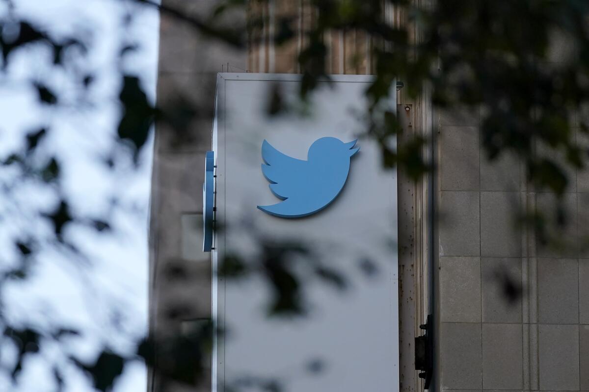 The Twitter bird logo on company headquarters in San Francisco