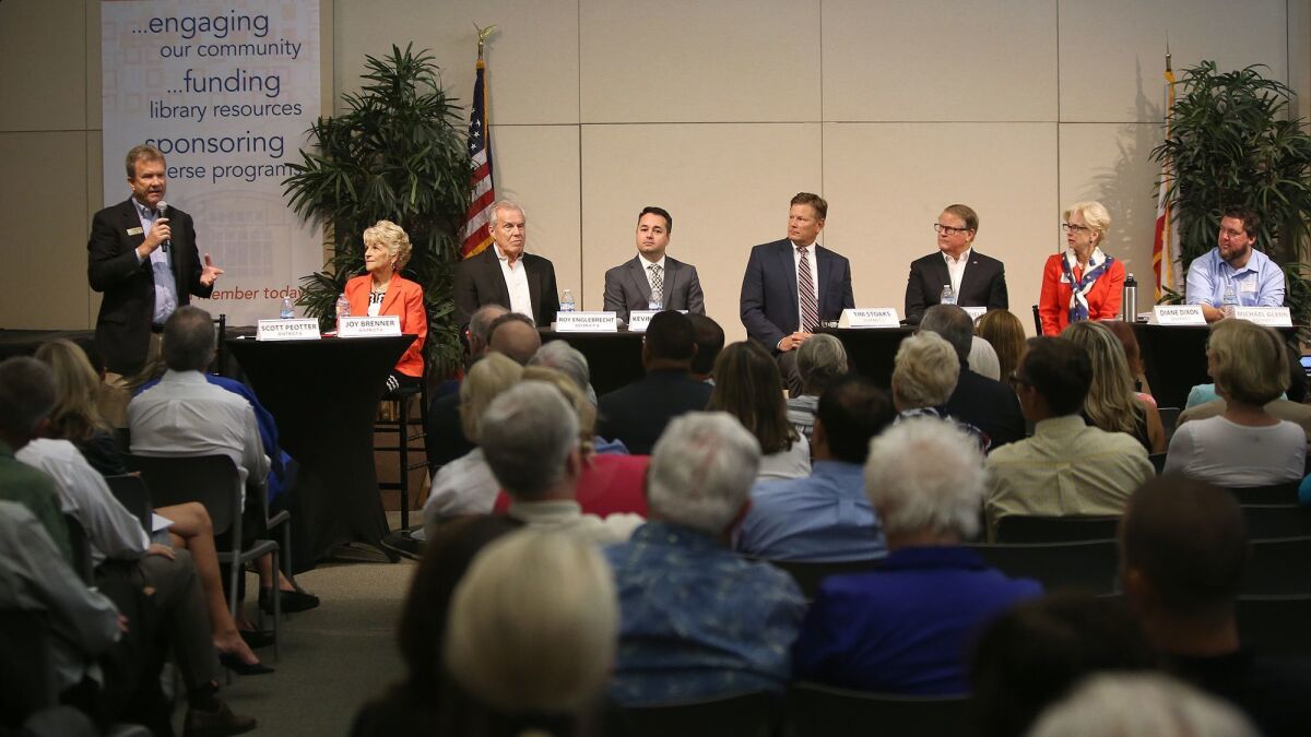 Newport Beach City Council candidates appear at a forum in 2018.