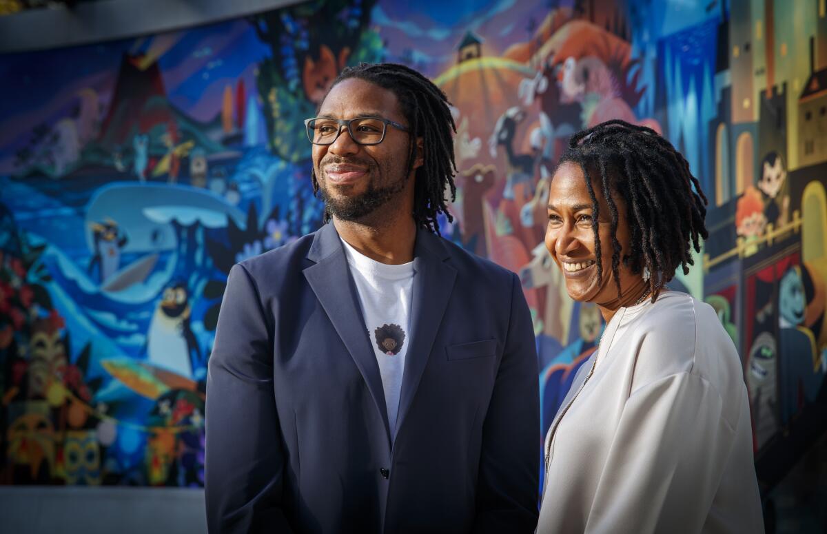 Director/producer Matthew A. Cherry, left, and producer Karen Rupert Toliver, the filmmakers behind the Oscar-nominated animated short film "Hair Love" at Sony Pictures in Culver City.