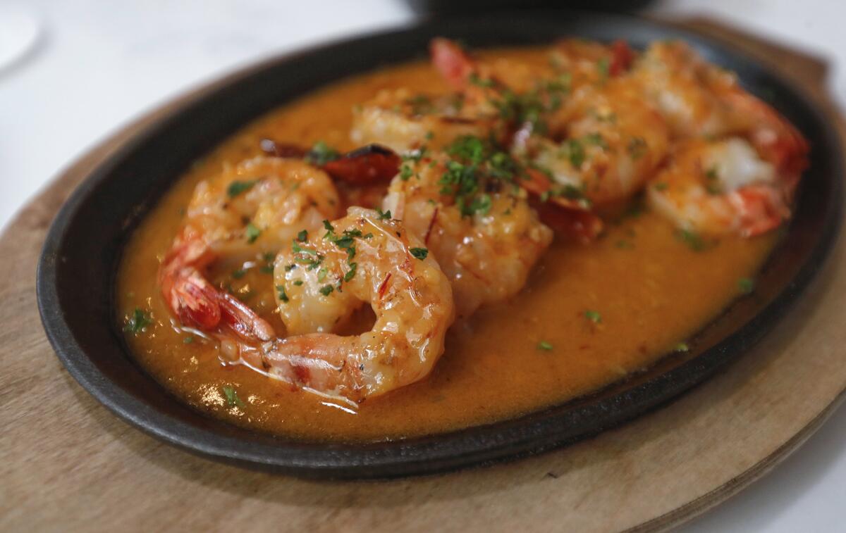 A seasoned shrimp entree is a popular item at the Cabo Wabo Beach Club.