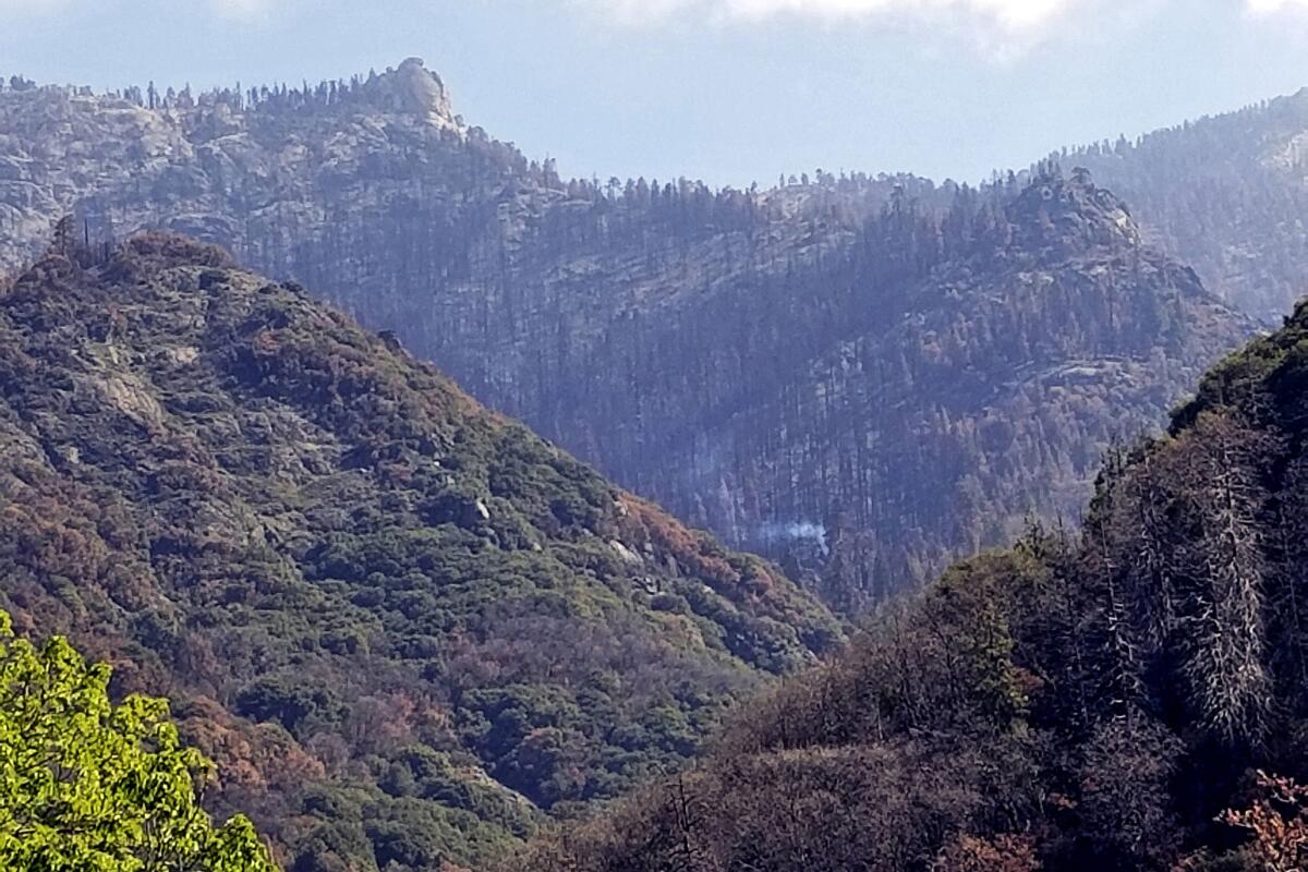 Smoke rises from a mountain in the distance 