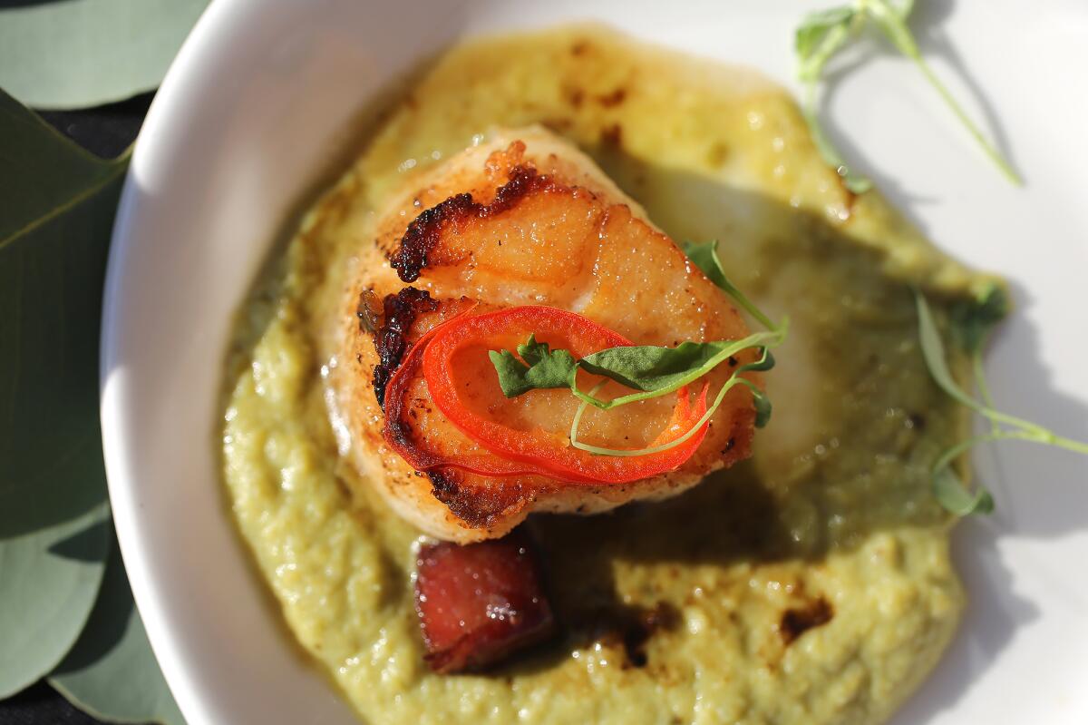 Pan-seared scallop in a pea puree at Brewery X Biergarten at the Honda Center in Anaheim.