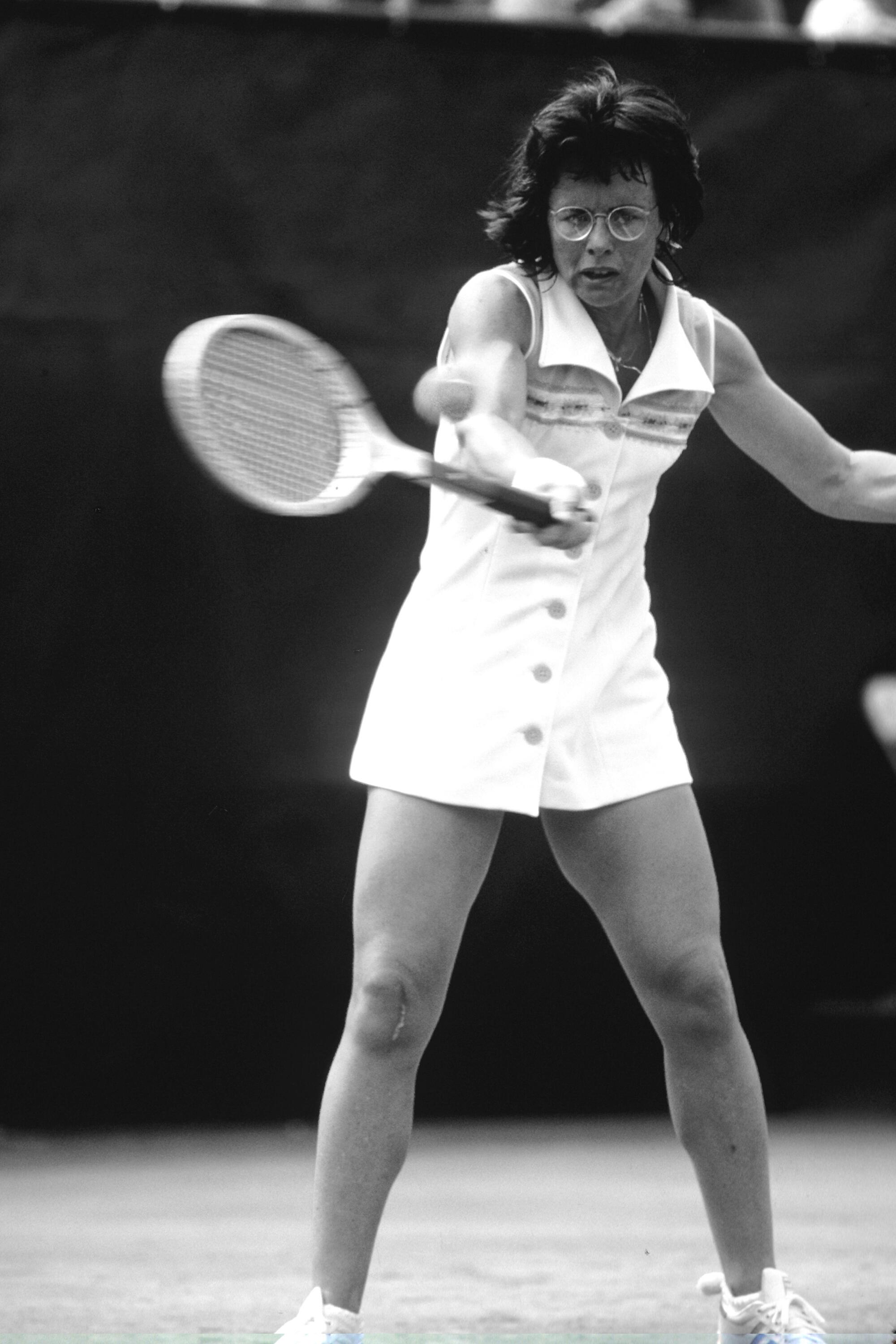 An undated photograph of Billie Jean King playing tennis.