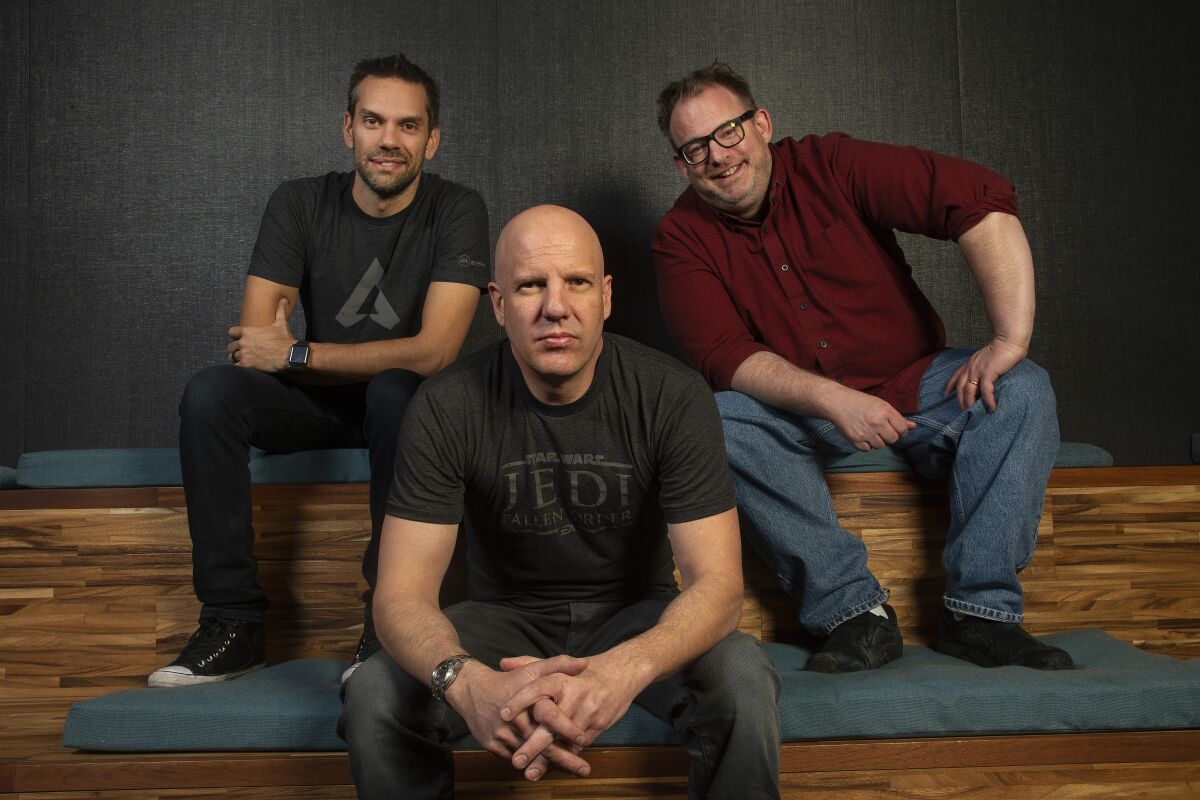 Chad Grenier, left, Stig Asmussen and Peter Hirschmann, heads of studio at Respawn Entertainment.