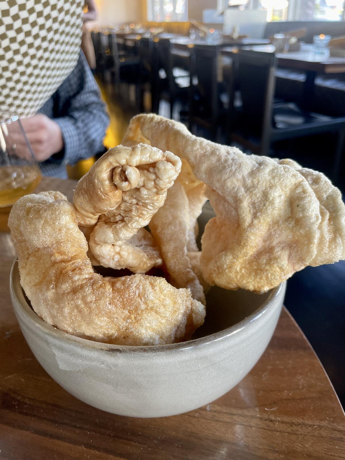 A bowl full of chicharrones at Bombo in West Hollywood.