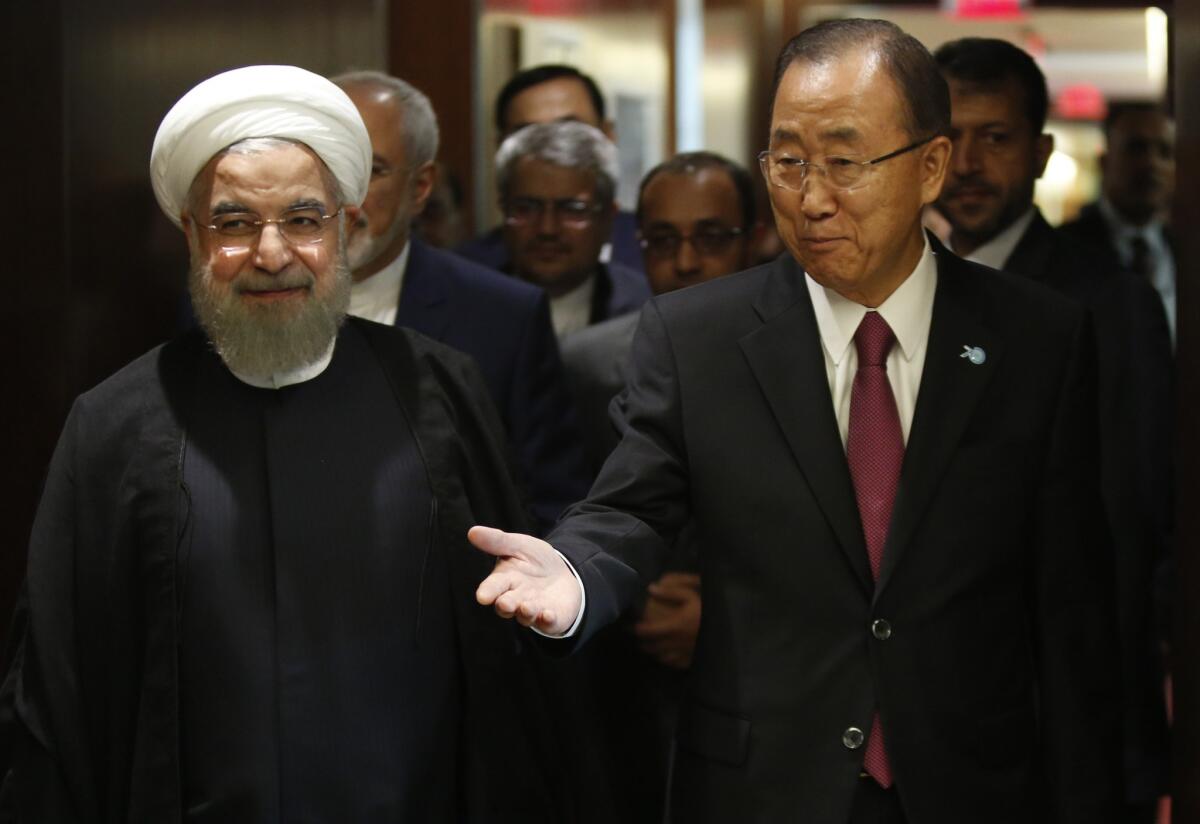 Iranian President Hassan Rouhani, left, with United Nations Secretary-General Ban Ki-moon in New York on Sept. 26, 2015.
