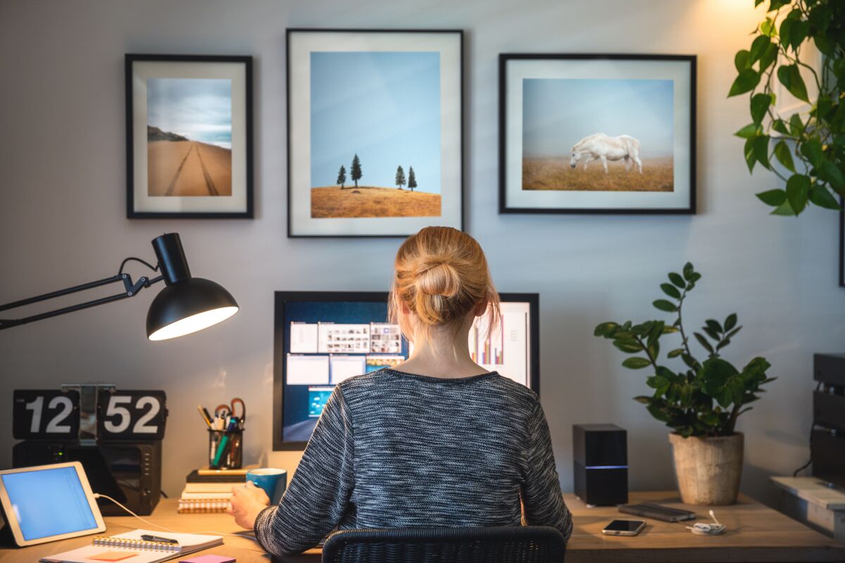 A woman accesses the internet on her home computer.