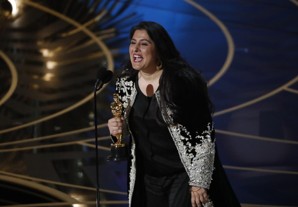 Sharmeen Obaid-Chinoy accepts the short-subject documentary Oscar for ¿A Girl in the River: The Price of Forgiveness" at the Academy Awards in February.