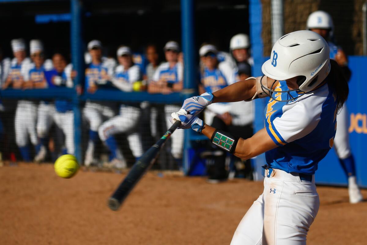 UCLA shortstop Briana Perez hits during a game against James Madison in May 2019.