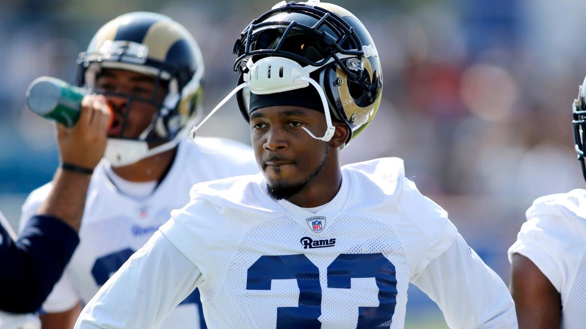 Rams defensive back E.J. Gaines takes a break during training camp at UC Irvine.