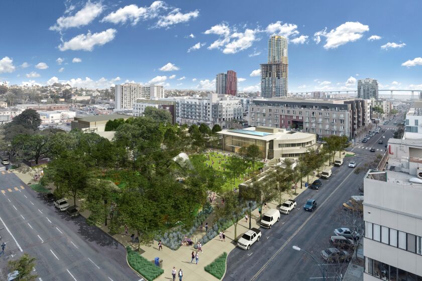 Artist rendering of the four-acre East Village Green from the corner of 13th and F street.