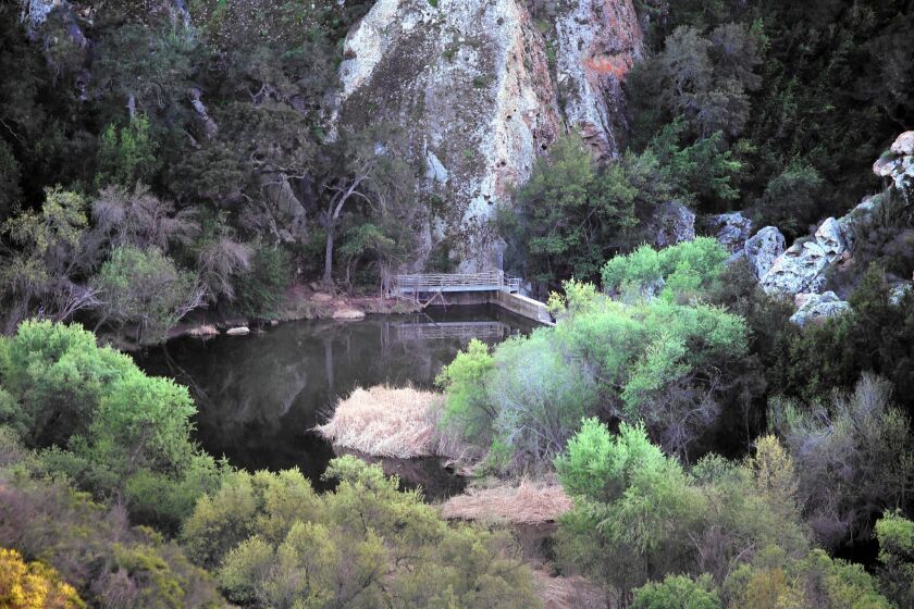 The Century Reservoir as seen from the Lookout Trail as it descends at Malibu Creek State Park. The trail offers fine views of the park’s southern end.