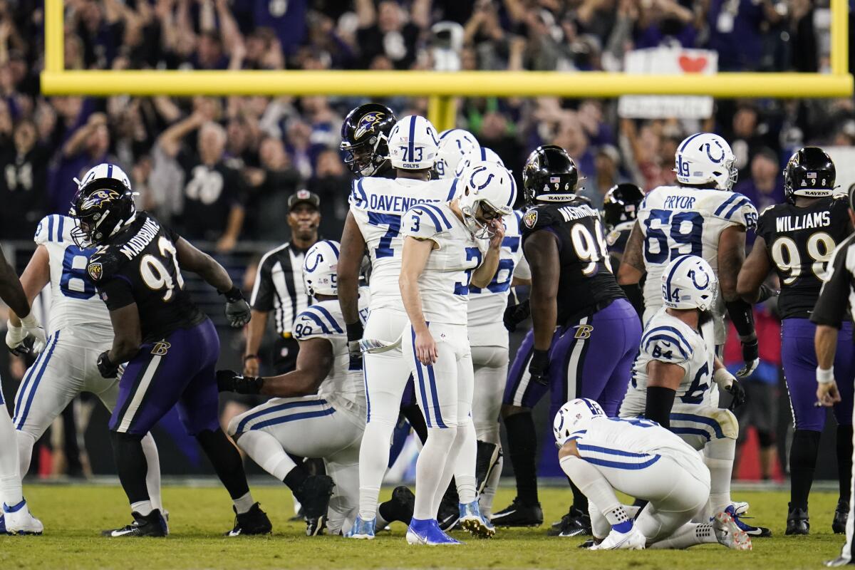 Indianapolis Colts kicker Rodrigo Blankenship (3) reacts after missing a field goal late in the second half of an NFL football game against the Baltimore Ravens, Monday, Oct. 11, 2021, in Baltimore. (AP Photo/Julio Cortez)