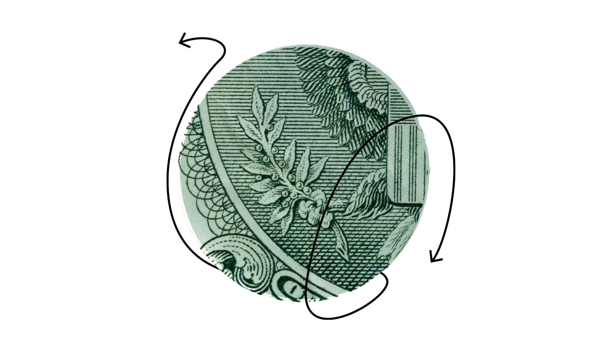 A circular cutout from a dollar bill encircled by arrows.