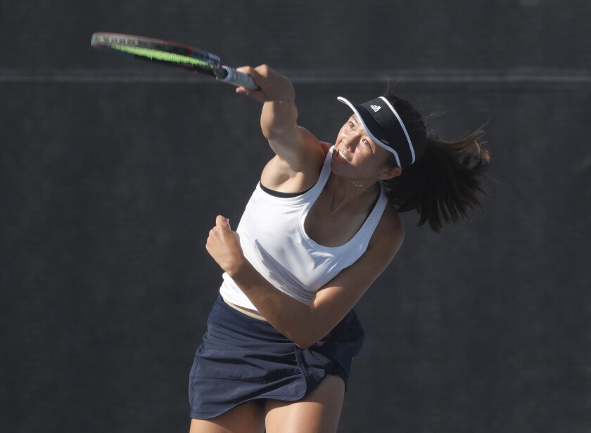 Sara Miller, shown playing against Laguna Beach on Tuesday, helped the CdM girls' tennis team beat Edison 17-1 on Thursday.
