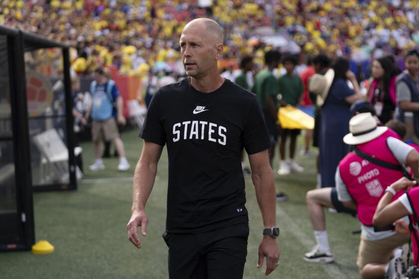 U.S. coach Gregg Berhalter arrives to the field for an international friendly soccer match against Colombia at Commanders Field on Saturday, June 8, 2024, in Landover, Md. (AP Photo/Jose Luis Magana)