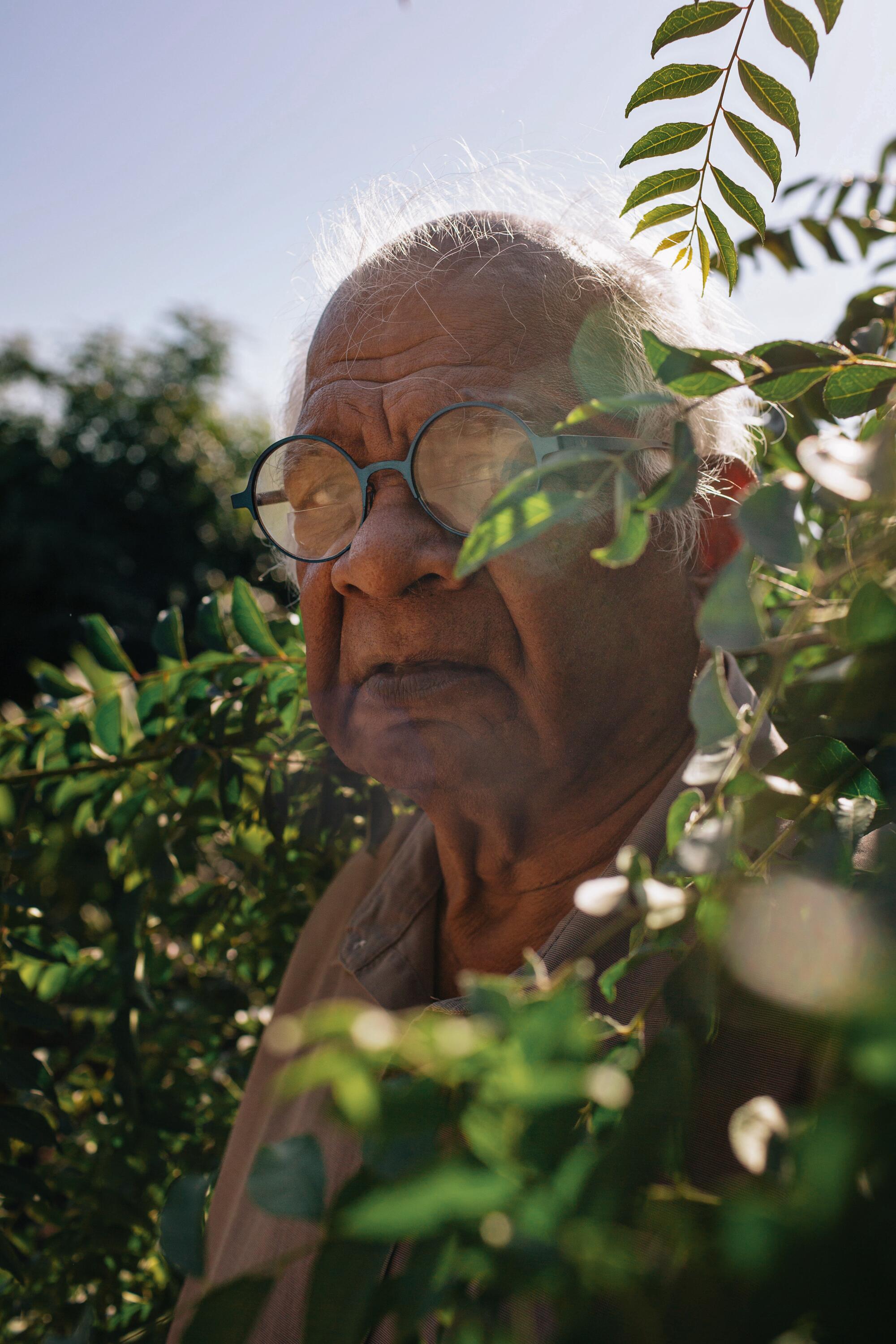 An older man wearing glasses stands amid leafy trees.