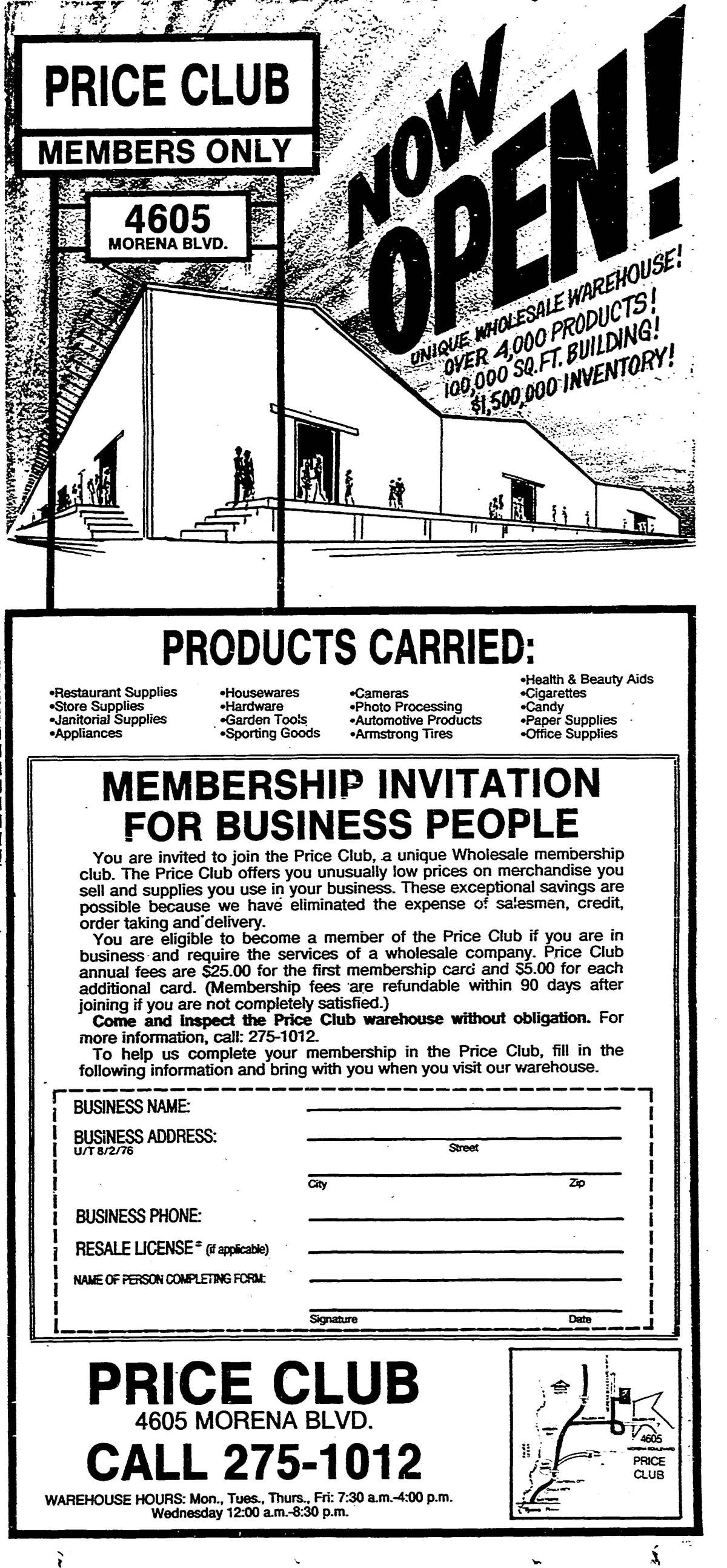 Price Club advertisement published in The San Diego Union in August, 1976.