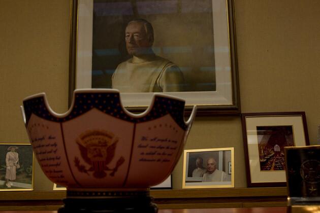 The study, which Walter Annenberg dubbed the Room of Memories, still has walls lined with photographs of the famous and powerful. The portrait of Walter shown here was painted by Andrew Wyeth in 1978.