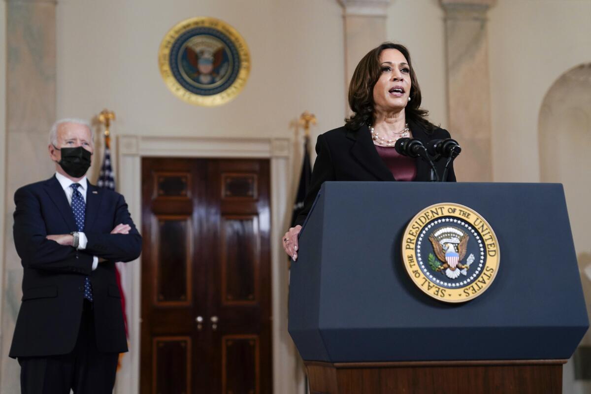 Vice President Kamala Harris speaks Tuesday at the White House ahead of President Joe Biden.