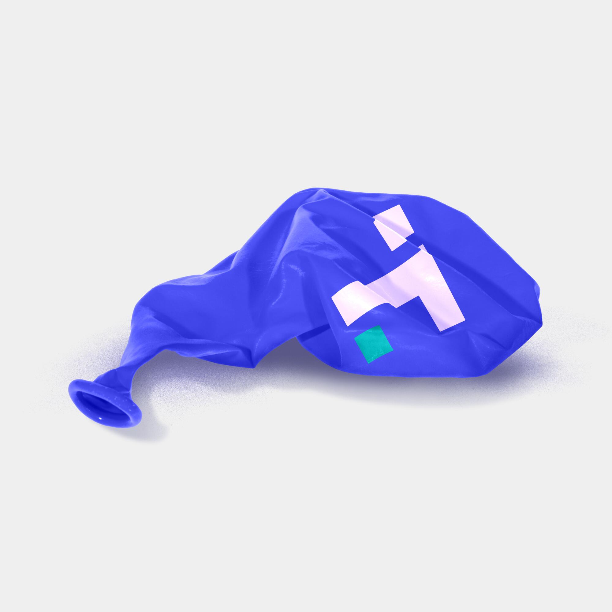 Photo illustration of deflated blue balloon with the Truth Social logo printed on it
