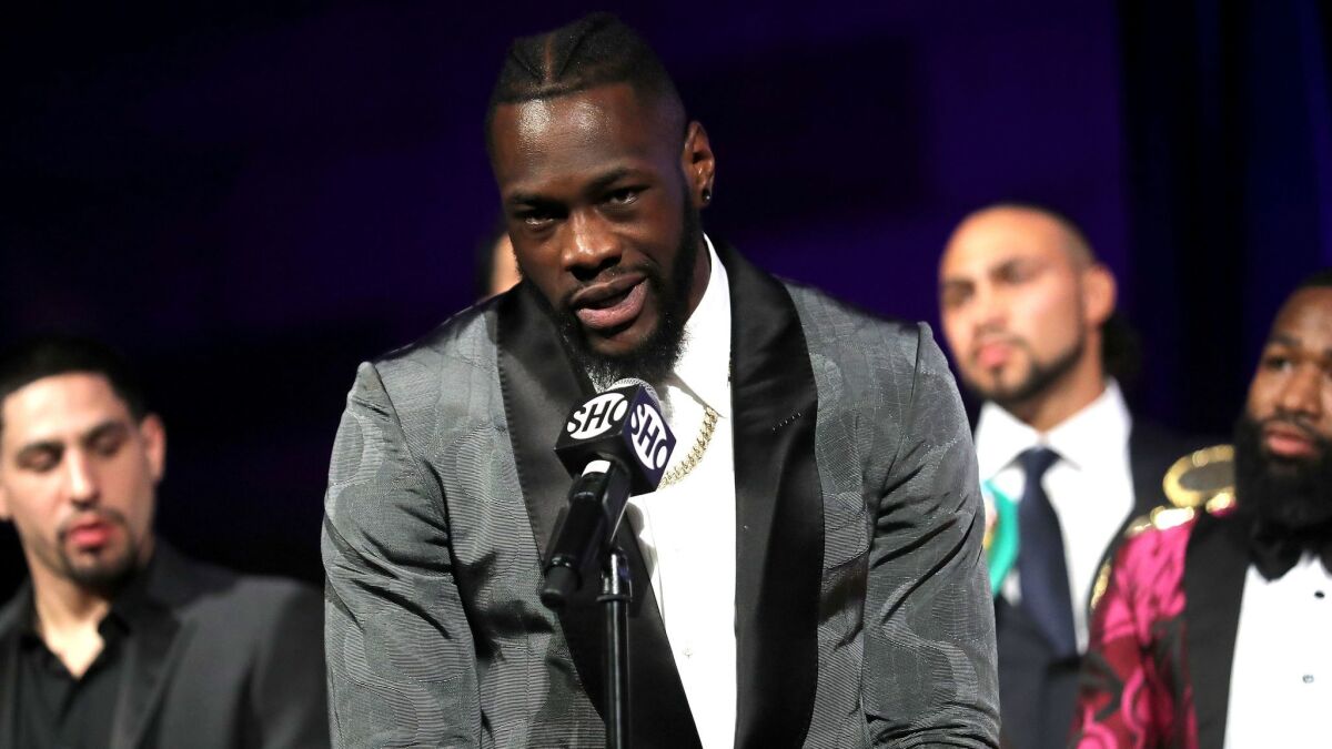 Deontay Wilder addresses the media during an event on Jan. 24 in New York City.