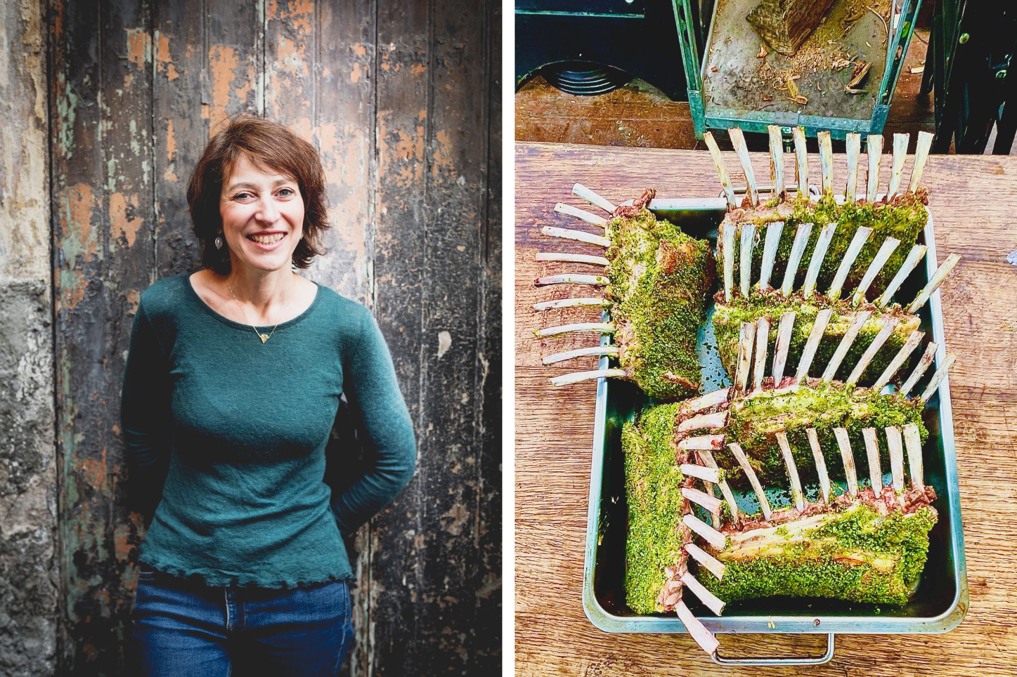 Two photos side by side, one of a woman in a green shirt and the other of several racks of lamb in a pan.