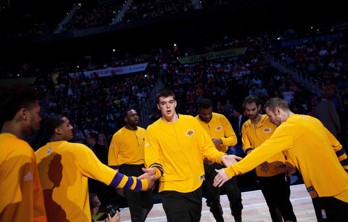 Lakers center Ivica Zubac is introduced as a member of the starting lineup before a game against the Atlanta Hawks on Nov. 2.