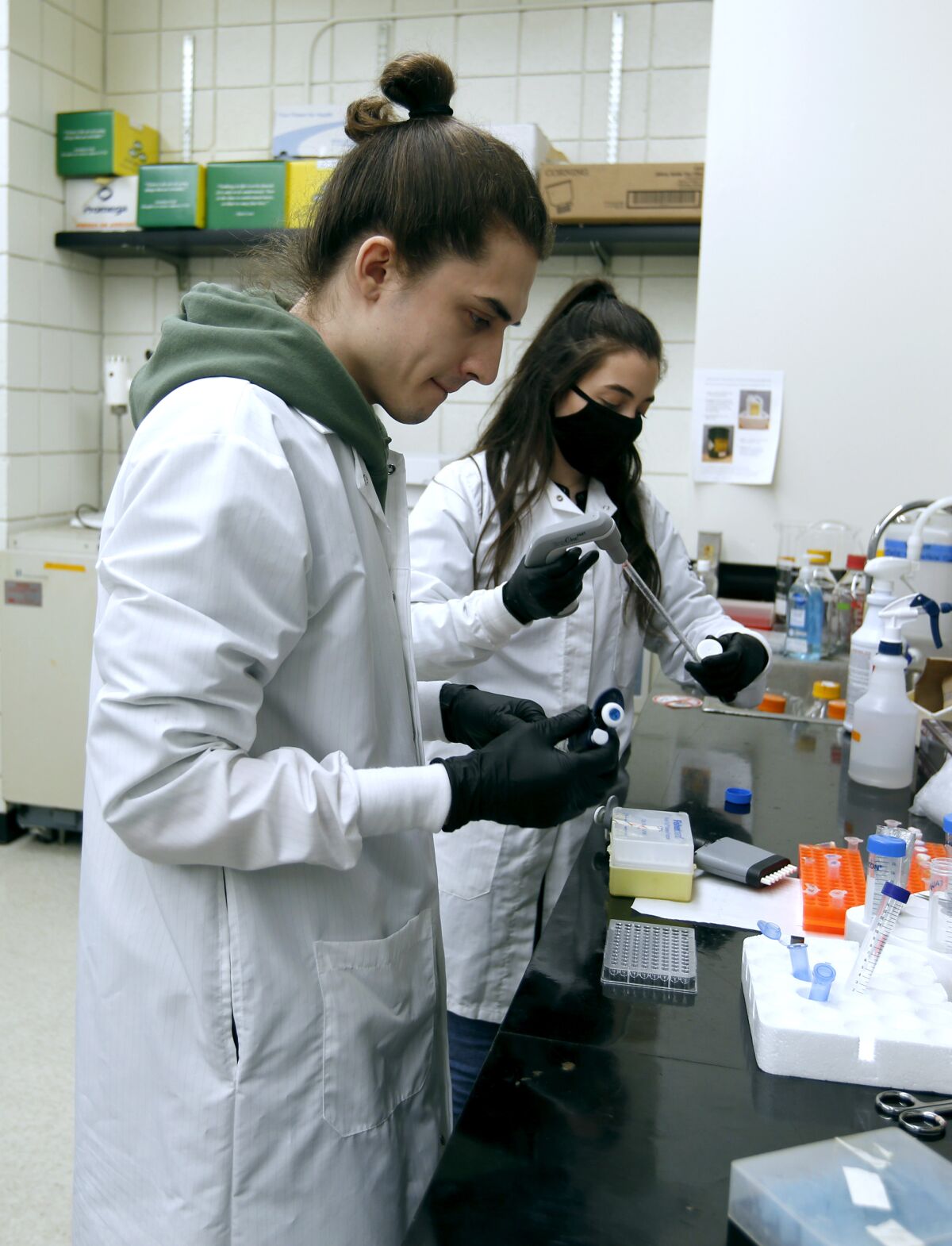 Siblings Sammy Alhassen, 23, left, and Wedad Alhassen, 25, and prepare tresting samples at a laboratory.