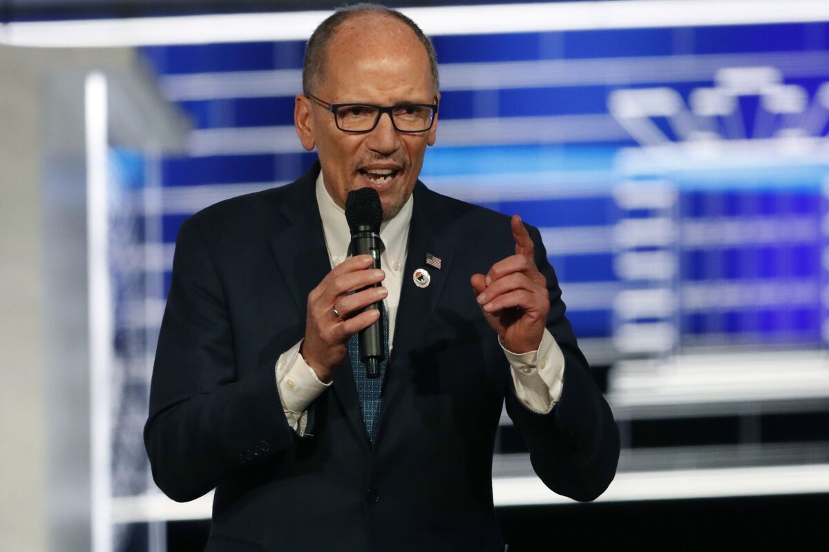 FILE - In This Nov. 20, 2019, file photo, Chair of the Democratic National Committee, Tom Perez, speaks before a Democratic presidential primary debate, in Atlanta. The Nevada caucuses pose a new test for Democratic National Committee Chairman Tom Perez, as the Democratic party leader tries to keep a messy primary season from devolving into chaos. Perez predicts a smoother process Saturday than the Feb. 3 debacle in the Iowa caucuses, where results have yet to be certified. But Perez warns that the Nevada caucuses are just the next step in what could be a long, bruising primary season. (AP Photo/John Bazemore, File)