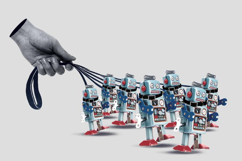 illustration of a human hand leading a group of tin robots by a leash