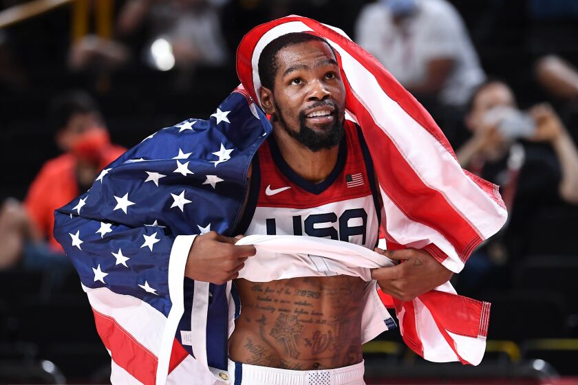 -TOKYO,JAPAN August 7, 2021: USA's Kevin Durant celebrates the gold medal.