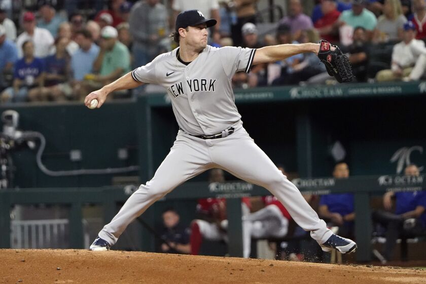 New York Yankees starting pitcher Gerrit Cole throws during third inning in the second baseball game of a doubleheader against the Texas Rangers in Arlington, Texas, Tuesday, Oct. 4, 2022. (AP Photo/LM Otero)